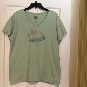 Life is Good Classic V Neck Ocean State of Mind T-shirt Women's XL Olive Green